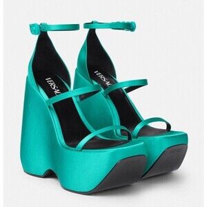 Versace Satin Three Strap Platform Wedge Sandal Heels In Emerald Green Sz 37 1/2
